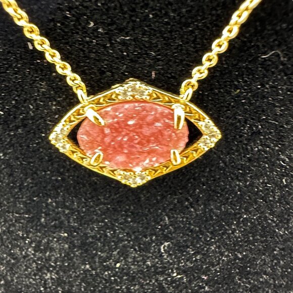 Stella & Dot Gold Necklace and Earrings Pink Druzy Stone Crystal Accents in Box - Picture 4 of 9